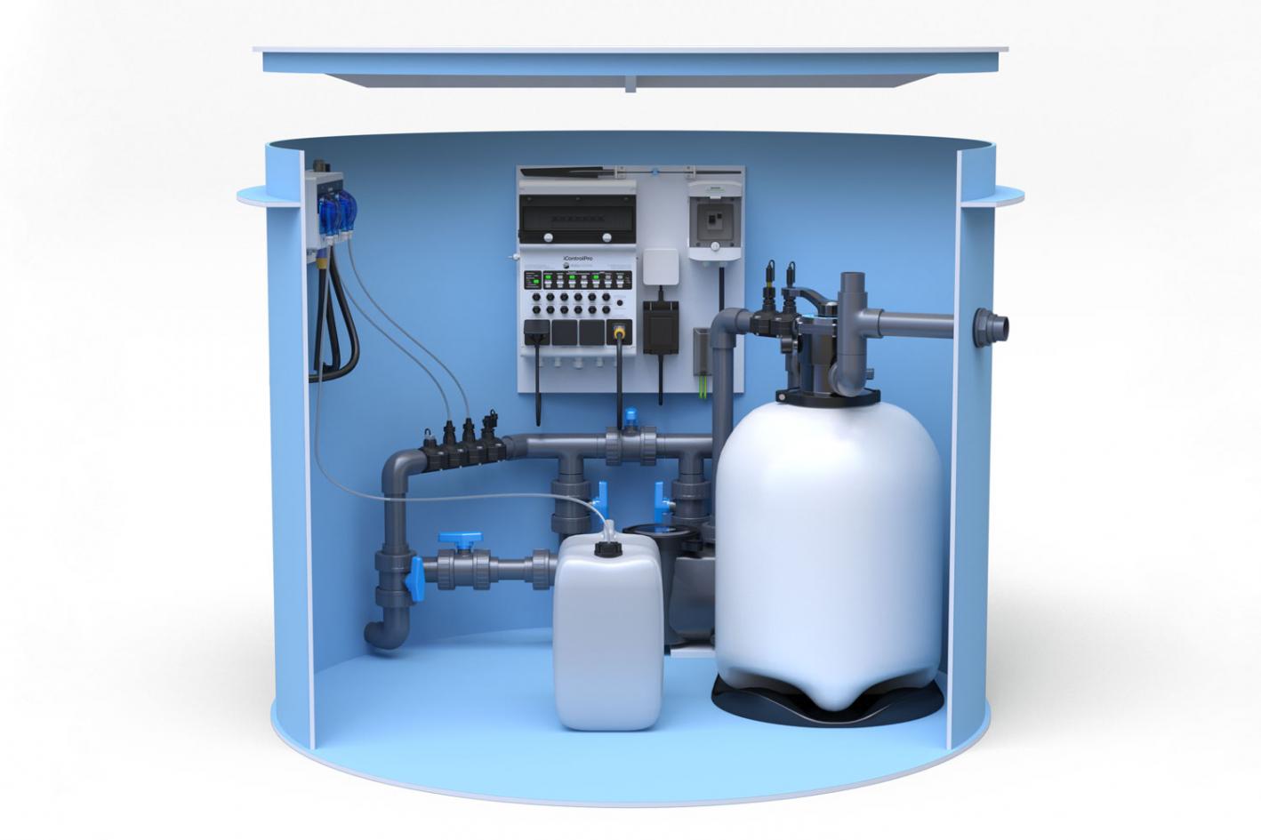 Pool-Technikschacht iControlPro Chlor | intelligente Poolsteuerung mit Chlordosierung, Sandfilteranlage und optionaler Gegenstromanlage