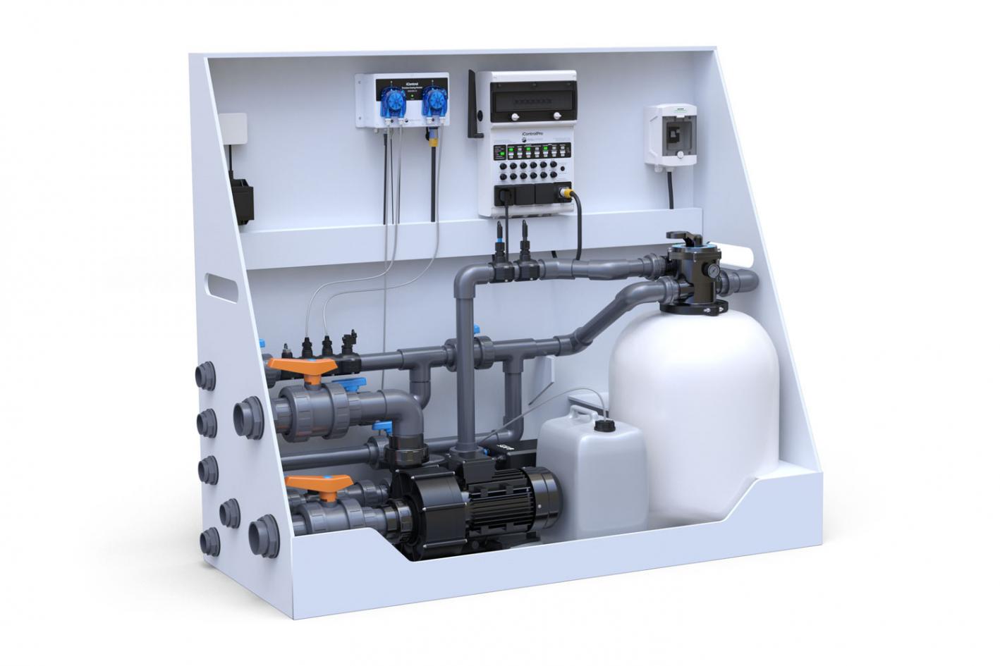 Pool-Technikwand iControlPro Chlor | intelligente Poolsteuerung mit Chlordosierung, Sandfilteranlage und optionaler Gegenstromanlage Pool-Technikwand iControlPro Chlor Plus - mit Gegenstromanlage