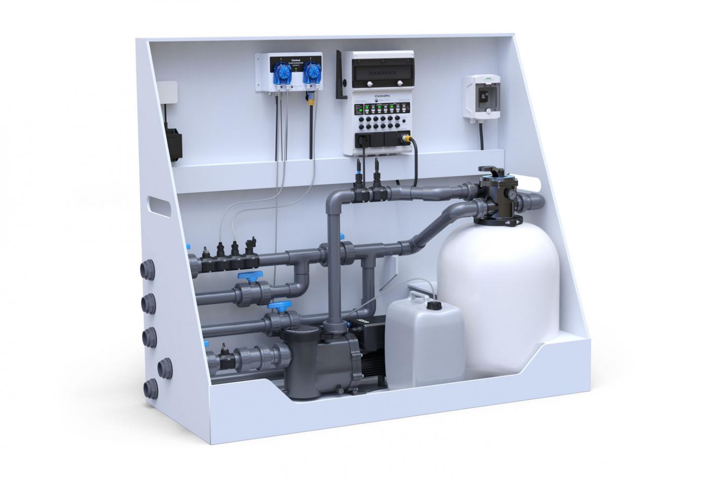Pool-Technikwand iControlPro Chlor | intelligente Poolsteuerung mit Chlordosierung, Sandfilteranlage und optionaler Gegenstromanlage