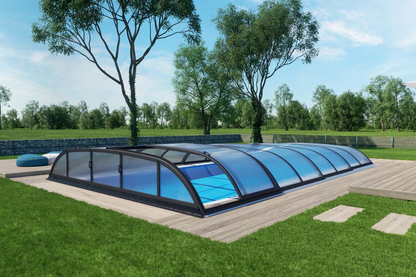 Pool Komplettset Infinity® ONE mit Überlauf-Fertigpool und optional elektrischem Rolladen / Poolabdeckung  Poolgröße 3,2 x 8,0m | Überdachung Harmony 4.7x8.5m