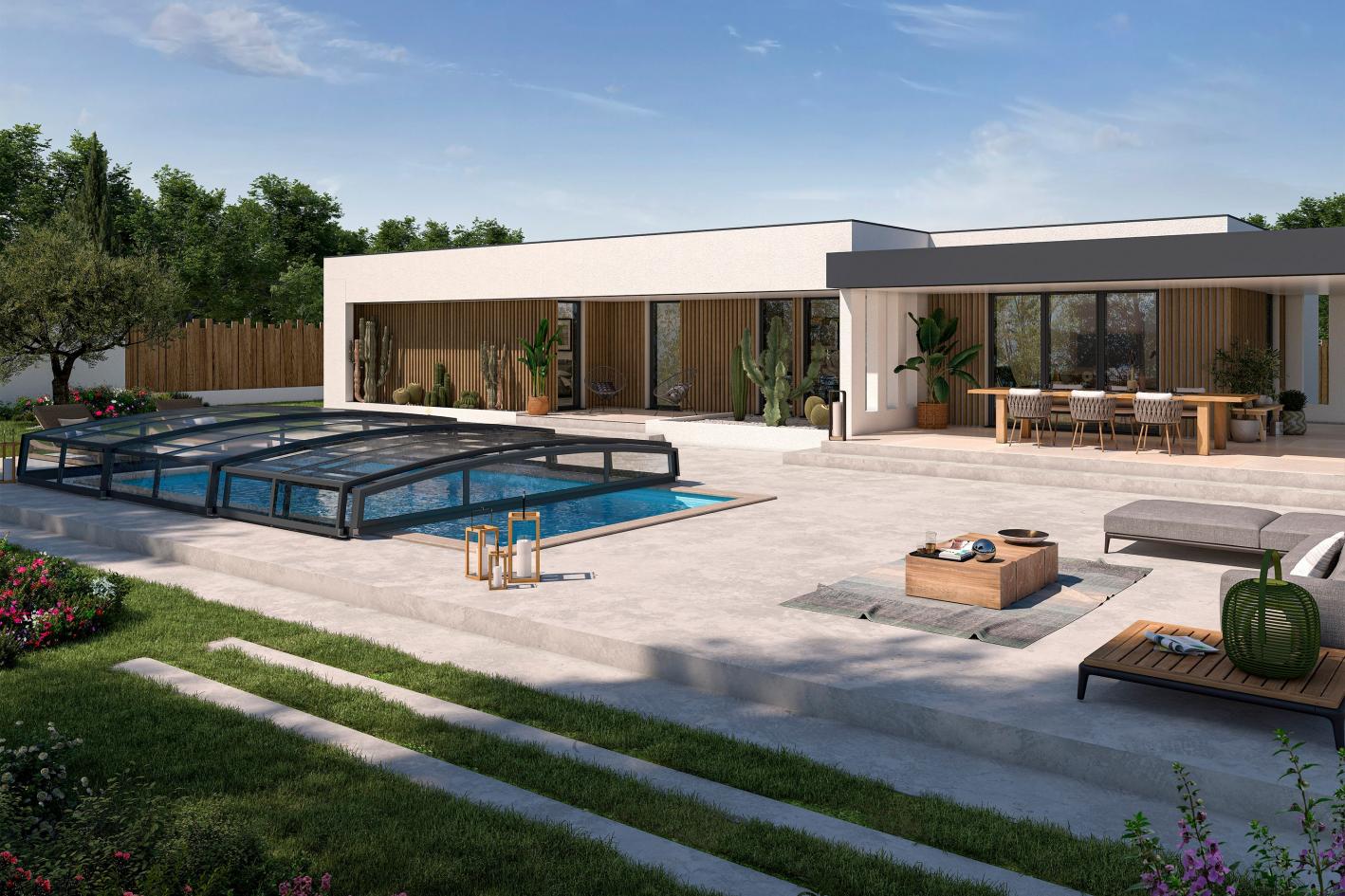 Albixon QBIG Benefit mit Überlauf Poolgröße 3,5 x 8,0m | Überdachung Liberty schienenlos 4.5x8.5m