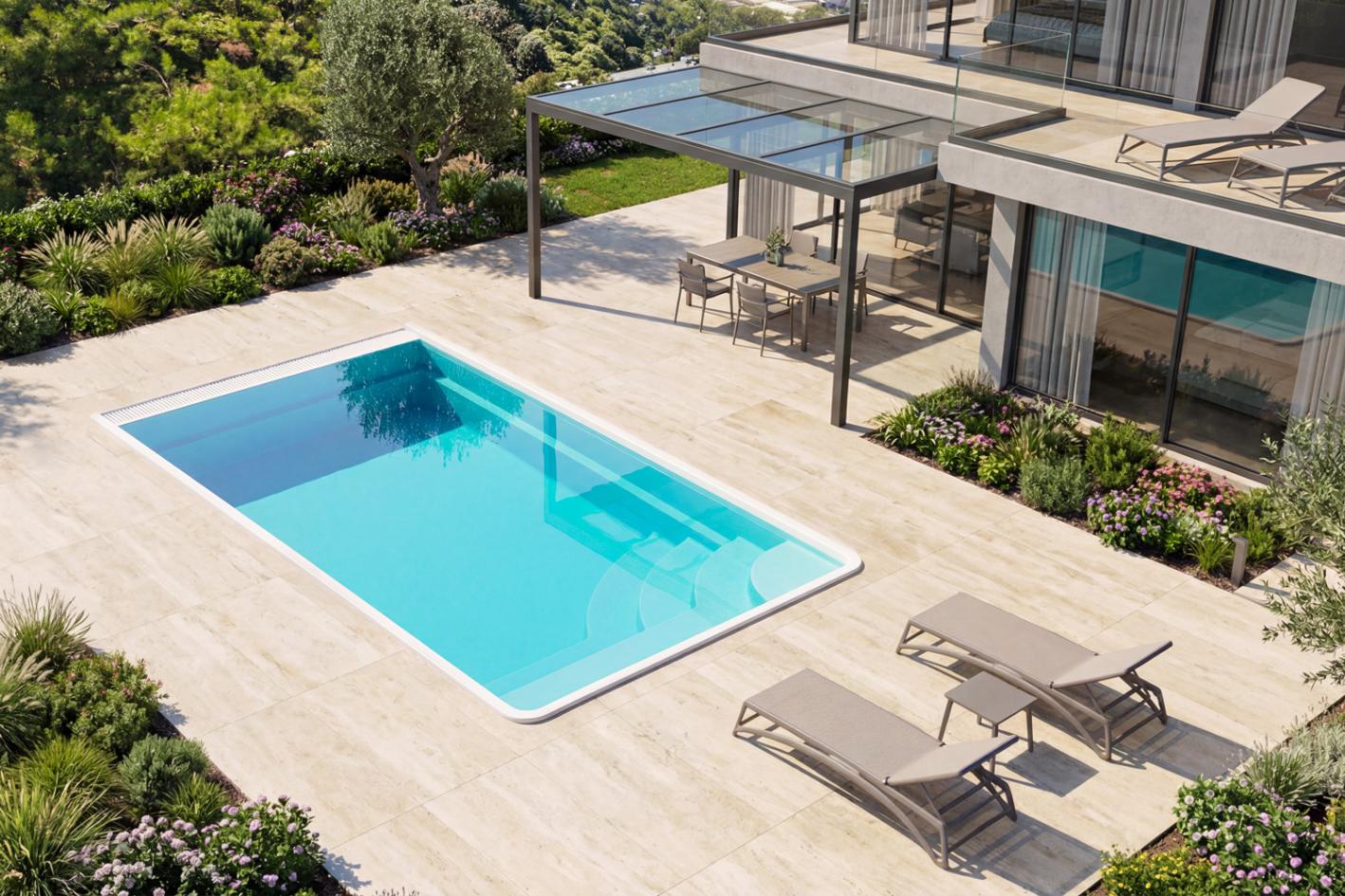Mini Keramik Pool-Komplettset Cera Bay Cuby als Skimmer oder Überlauf Pool Überlauf Pool 4.00 x 2.50 x 1.25m | ohne Abdeckung