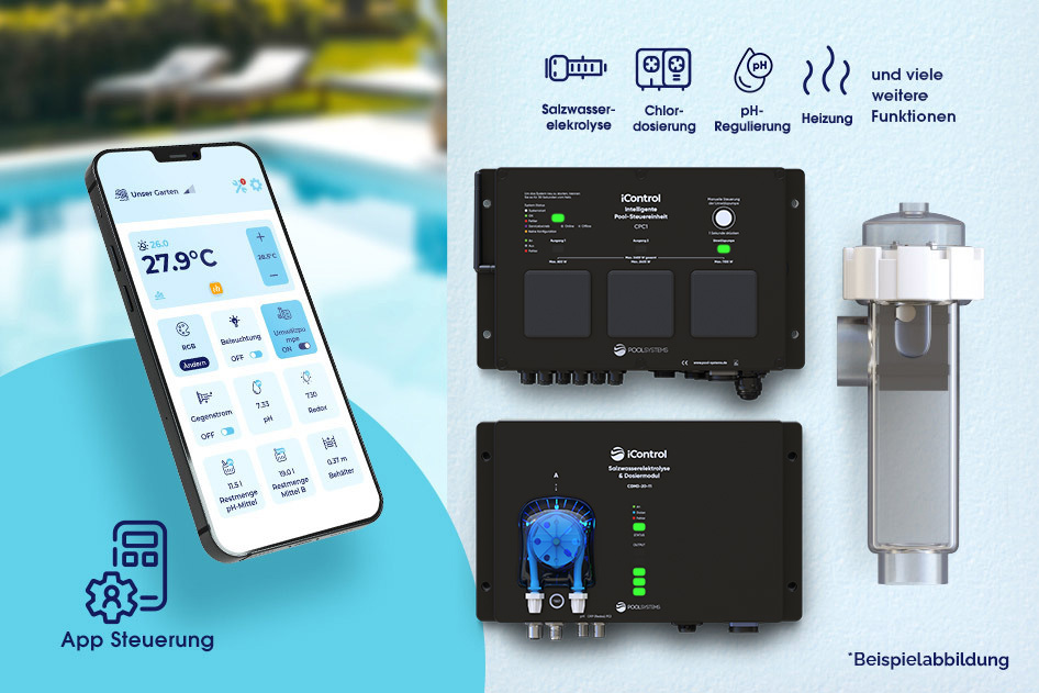 Pool-Salzwasserelektrolyse iControl Salt mit intelligenter Poolsteuerung und optionaler pH-Regulierung Hydrolyse mit 1,5g/l Salzgehalt - Low Salt