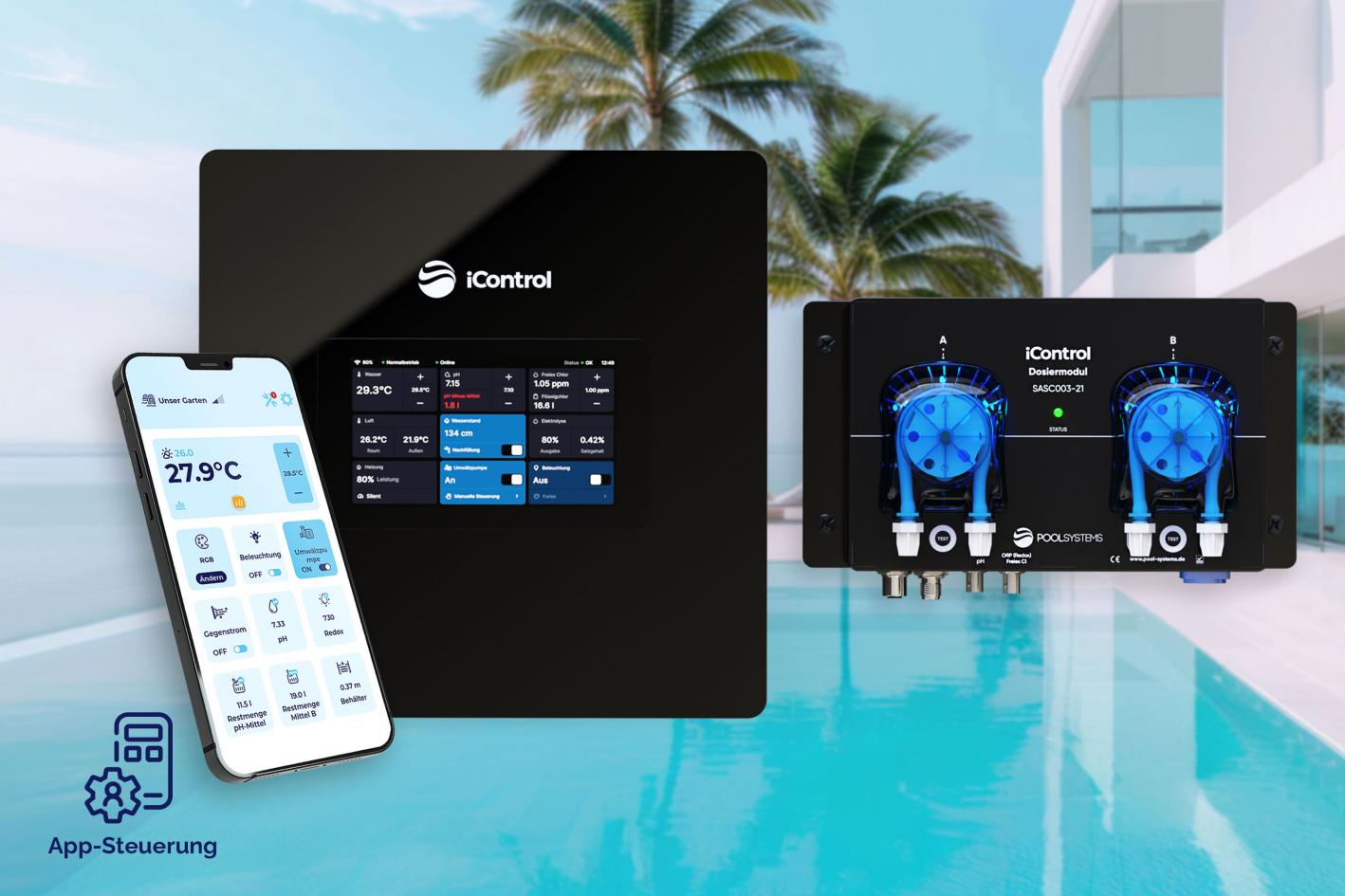 Pool-Dosieranlage iControl Chlor mit Touchdisplay, intelligenter Poolsteuerung und optionaler pH-Regulierung