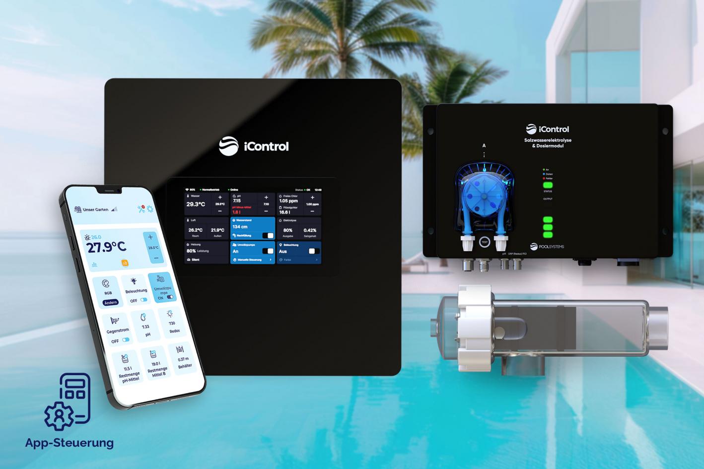 Pool-Salzwasserelektrolyse iControl Salt mit Touchdisplay, intelligenter Poolsteuerung und optionaler pH-Regulierung