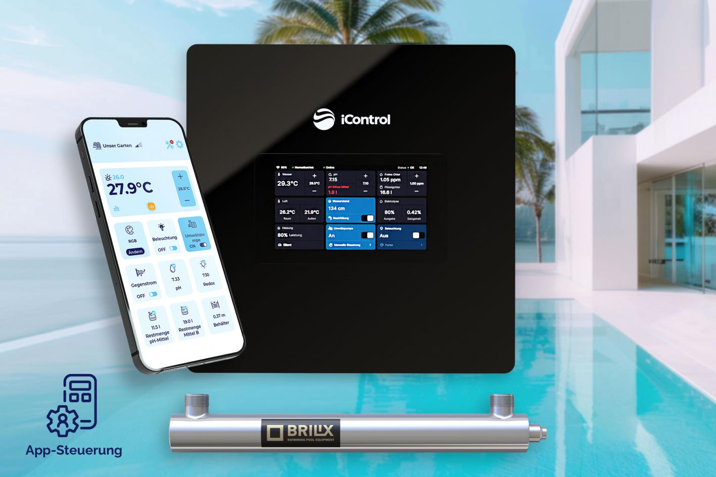 Pool Desinfektion iControl UV mit Touchdisplay, intelligenter Poolsteuerung und optionaler pH Regulierung bis 70m³ Wasservolumen