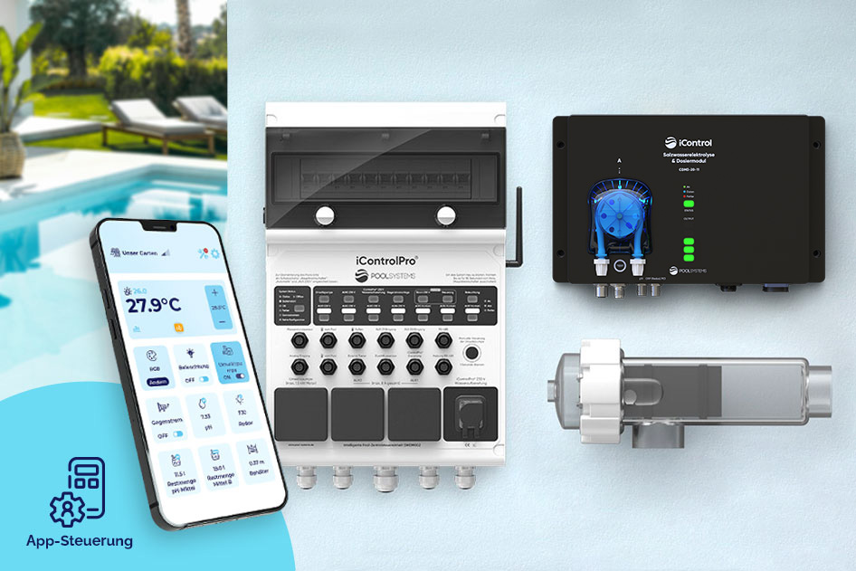 Pool-Salzwasserelektrolyse iControlPro Salt mit intelligenter Poolsteuerung und optionaler pH-Regulierung, inkl. Stromverteiler