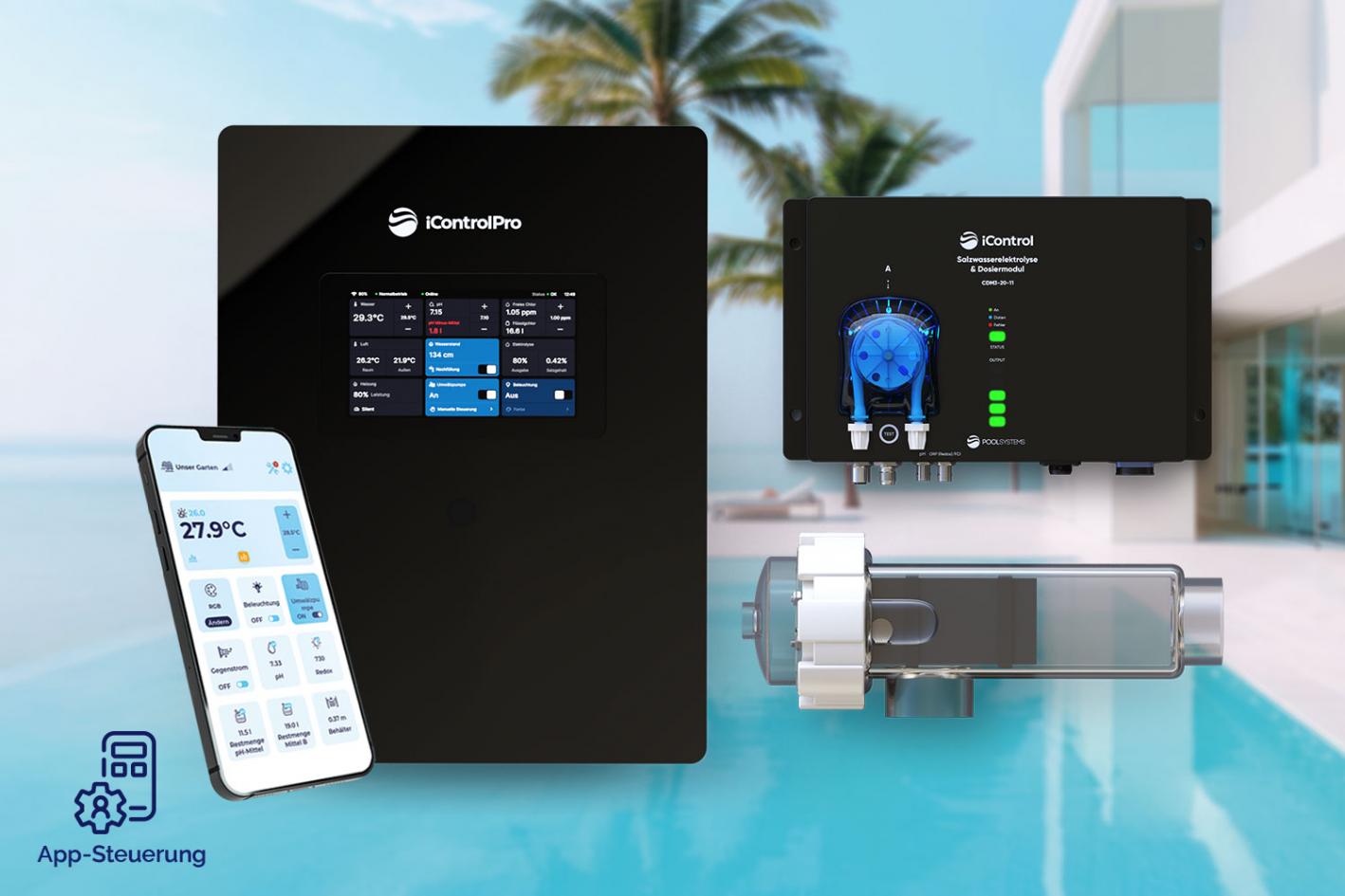 Pool-Salzwasserelektrolyse iControlPro Touch Salt mit intelligenter Poolsteuerung und optionaler pH-Regulierung, inkl. Stromverteiler Hydrolyse mit 1,5g/l Salzgehalt - Low Salt