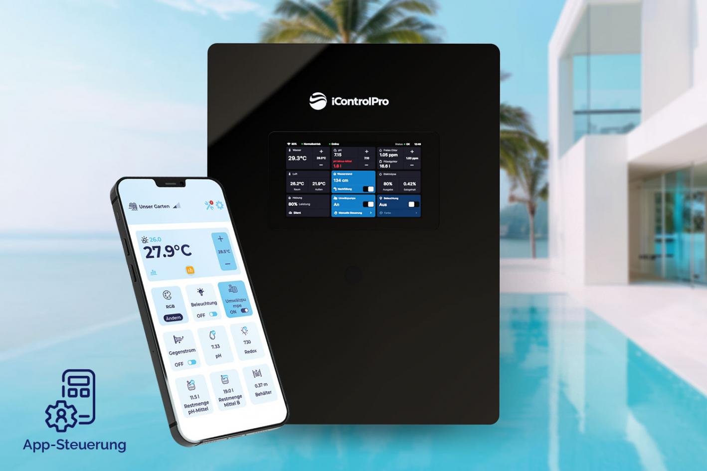 Intelligente Poolsteuerung iControlPro Touch inkl. Stromverteiler und optionaler Pooldesinfektion zentrales Steuergerät Pro Touch