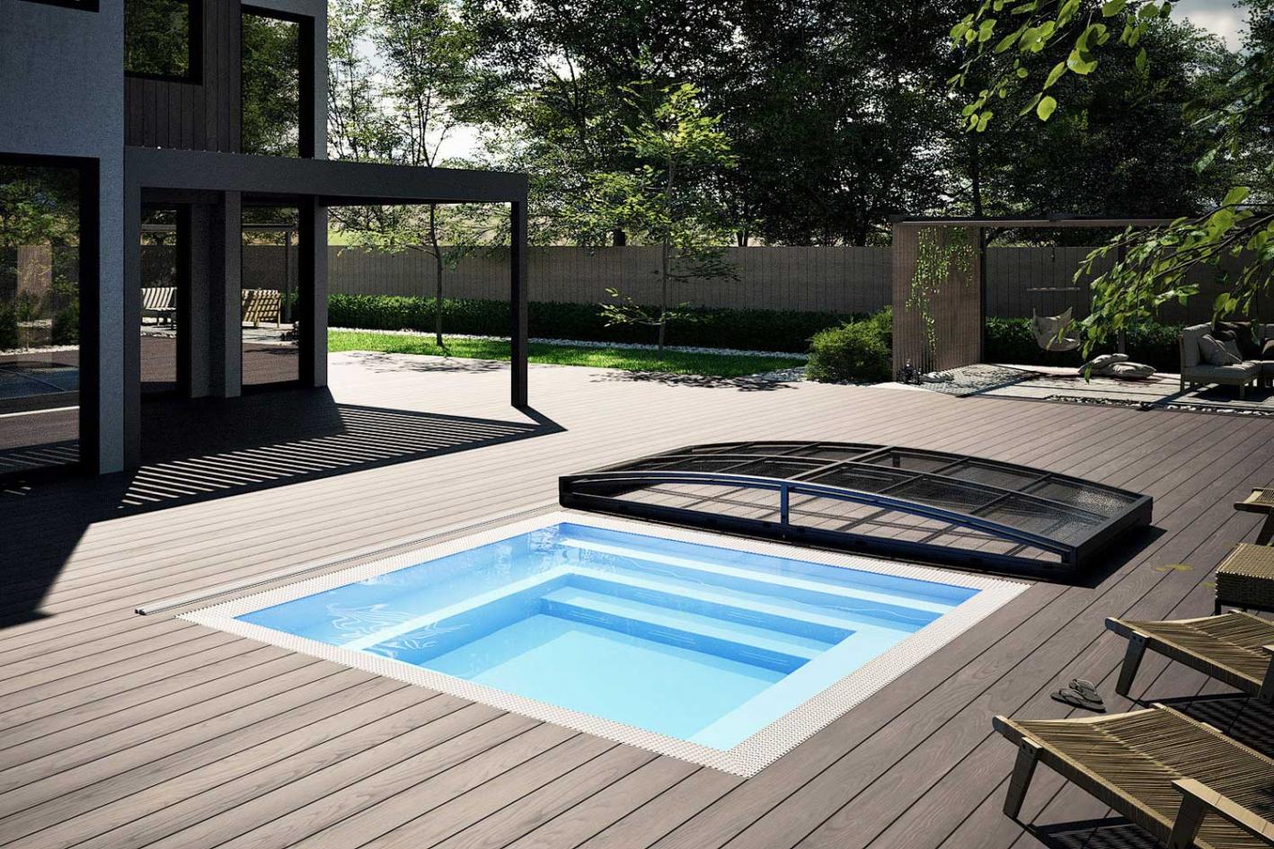 Mini Pool Infinity® Bay - quadratischer Überlauf Loungepool mit optionaler Poolüberdachung / elektrischem Rollo