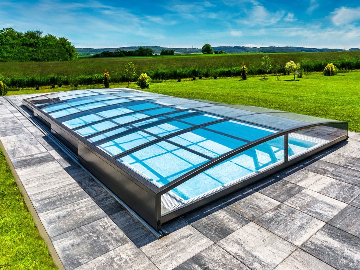 Mini Keramik Pool-Komplettset Cera Bay Cuby als Skimmer oder Überlauf Pool Skimmer Pool 4.00 x 2.16 x 1.30m | Überdachung Neo Clear 3.5x4.2m