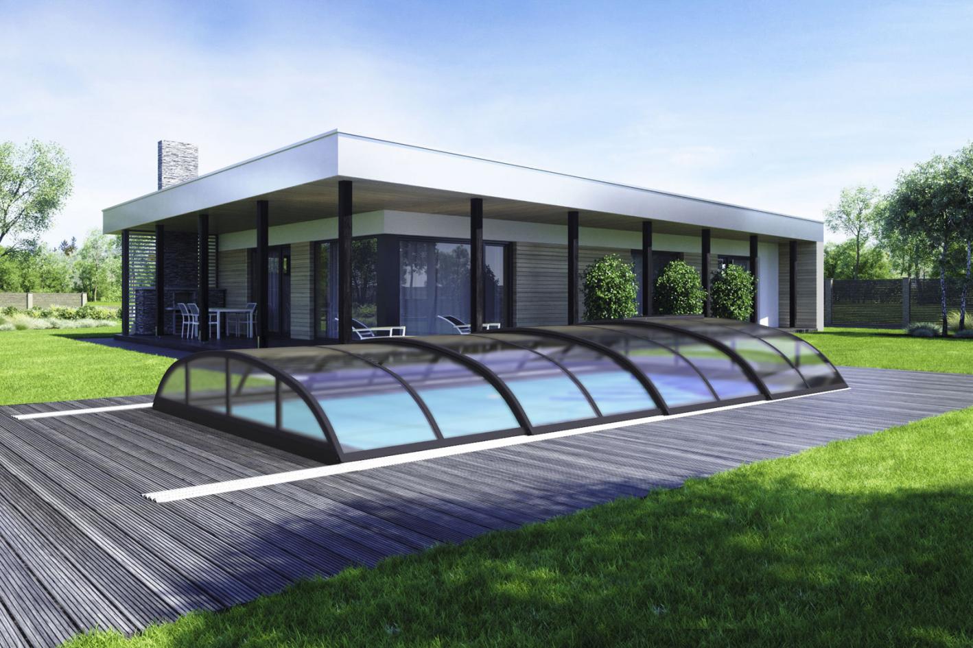 Pool Komplettset Infinity® Bay mit Überlauf-Schwimmbecken und optionaler Poolüberdachung / elektrischem Rollo Poolgröße 3,5 x 7,0m | Überdachung Solid 4.2x8.5m