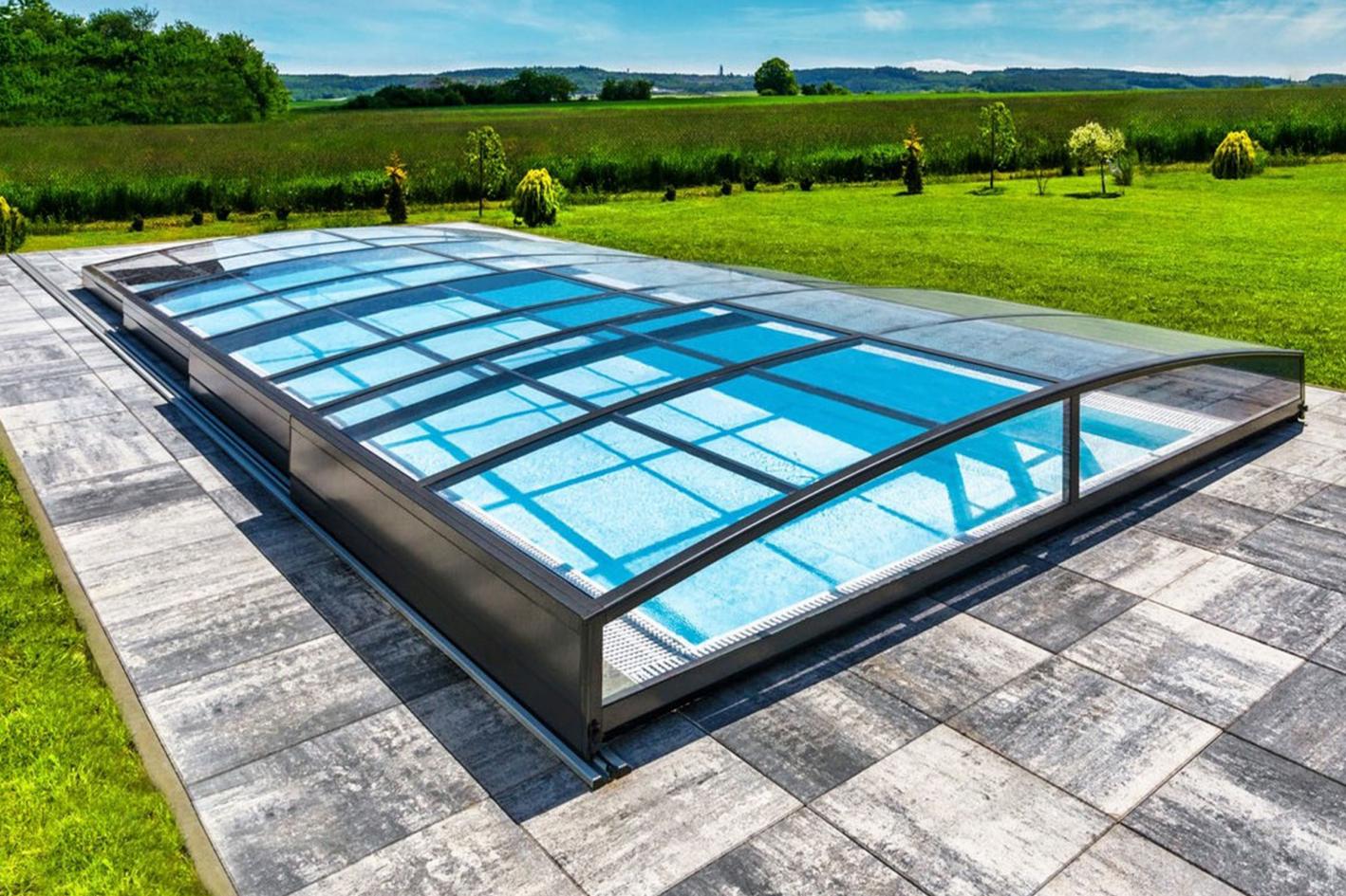 Mini Keramik Pool-Komplettset Cera Bay Cuby mit Skimmer Pool Überdachung Neo Clear 3.5x5.3m