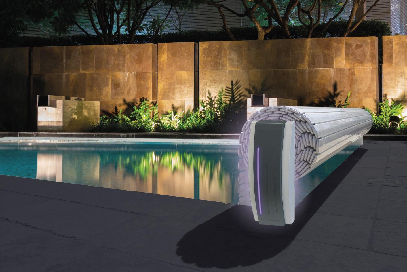 Pool Komplettset Premium ONE® mit Skimmer-Fertigpool und optional elektrischem Rollo / Poolabdeckung  Poolgröße 4,0 x 12,0m | Oberflurrolladen - Offen