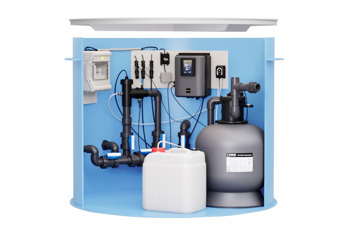 Pool-Technikschacht HydroTec | LowSalt mit Salzwasserelektrolyse und Hydrolyse inkl. PH & Sandfilteranlage
