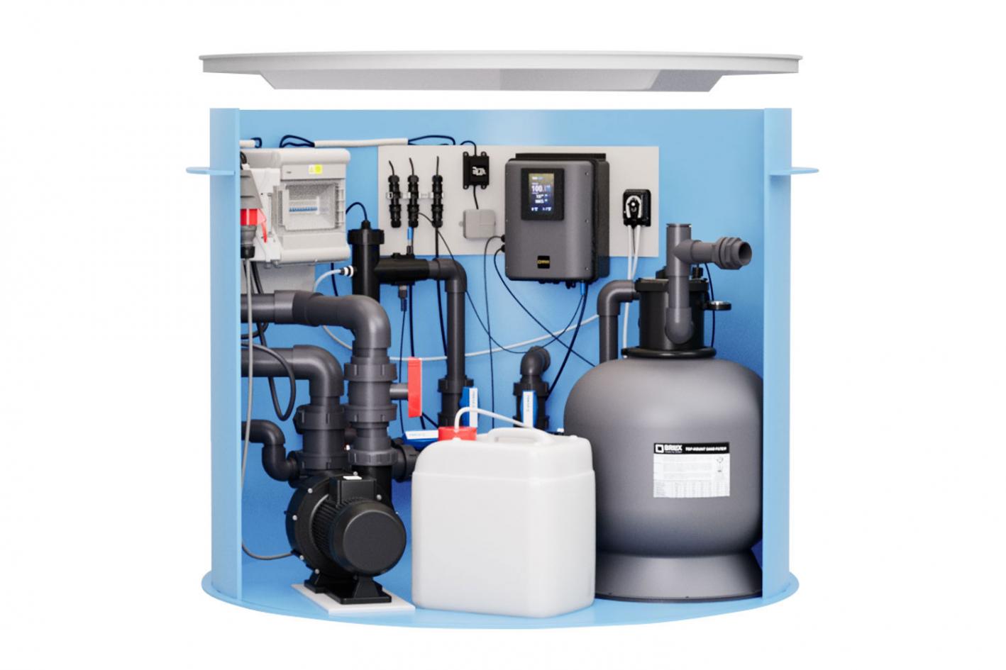 Pool-Technikschacht HydroTec Plus | LowSalt mit Gegenstromanlage, Salzwasserelektrolyse und Hydrolyse inkl. PH & Sandfilteranlage