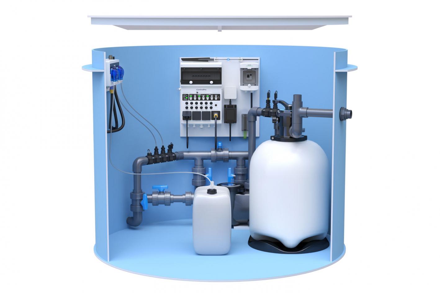 Pool-Technikschacht iControlPro Chlor | intelligente Poolsteuerung mit Chlordosierung, Sandfilteranlage und optionaler Gegenstromanlage