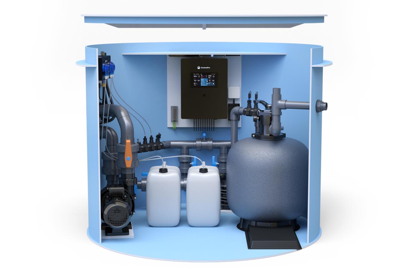Pool-Technikschacht iControlPro Chlor | intelligente Poolsteuerung mit Chlordosierung, Sandfilteranlage und optionaler Gegenstromanlage Pool-Technikschacht iControlPro Chlor Plus - mit Gegenstromanlage