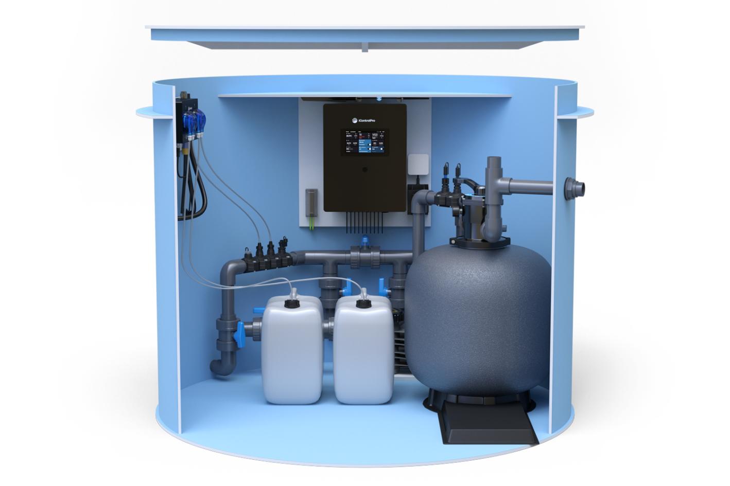 Pool-Technikschacht iControlPro Chlor | intelligente Poolsteuerung mit Chlordosierung, Sandfilteranlage und optionaler Gegenstromanlage Pool-Technikschacht iControlPro Chlor - ohne Gegenstromanlage