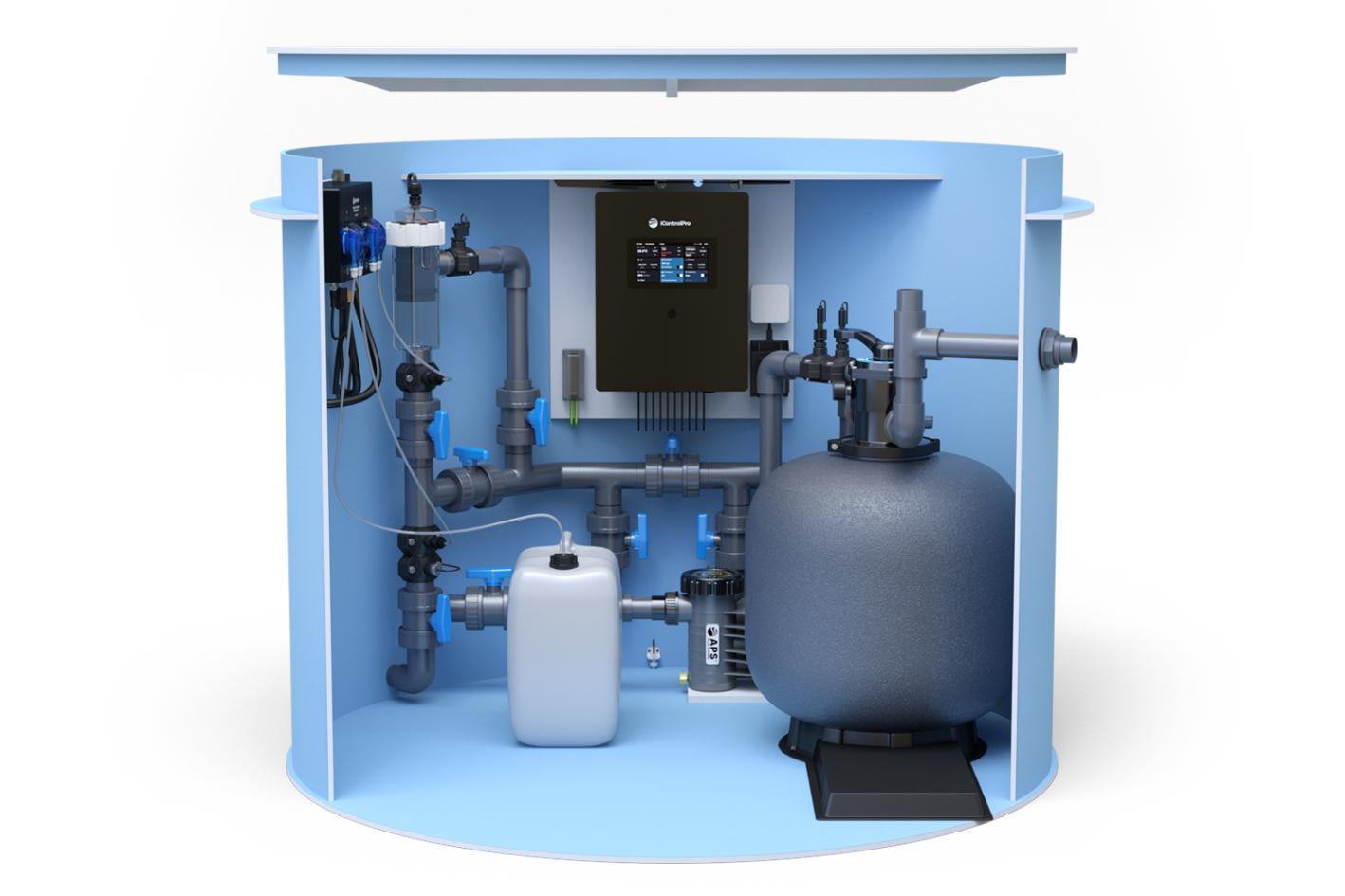 Pool-Technikschacht iControlPro Salt | intelligente Poolsteuerung mit Salzwasserelektrolyse, Sandfilteranlage und optionaler Gegenstromanlage Technikschacht iControlPro Salt - ohne Gegenstromanlage