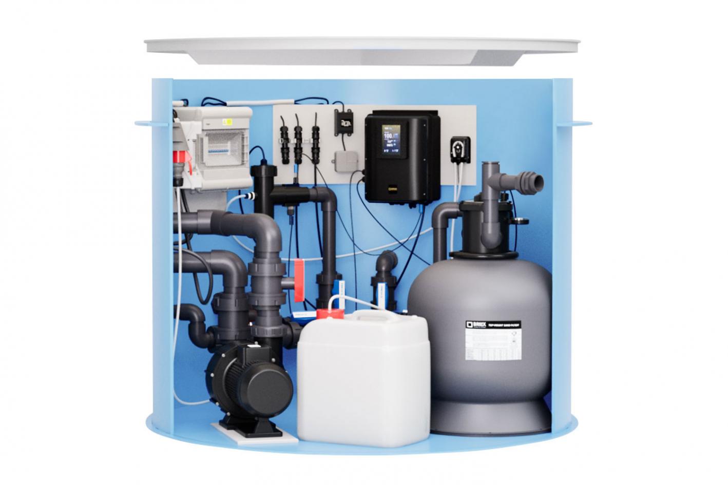 Pool-Technikschacht SaltTec Plus mit Gegenstromanlage, Salzwasserelektrolyse mit PH & Sandfilteranlage