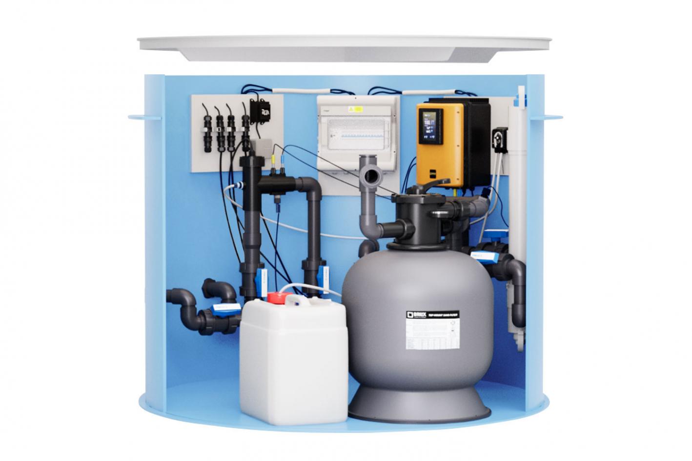 Pool-Technikschacht UV-Tec | LowSalt mit UV-Desinfektion, Salzwasserelektrolyse inkl. PH & Sandfilteranlage