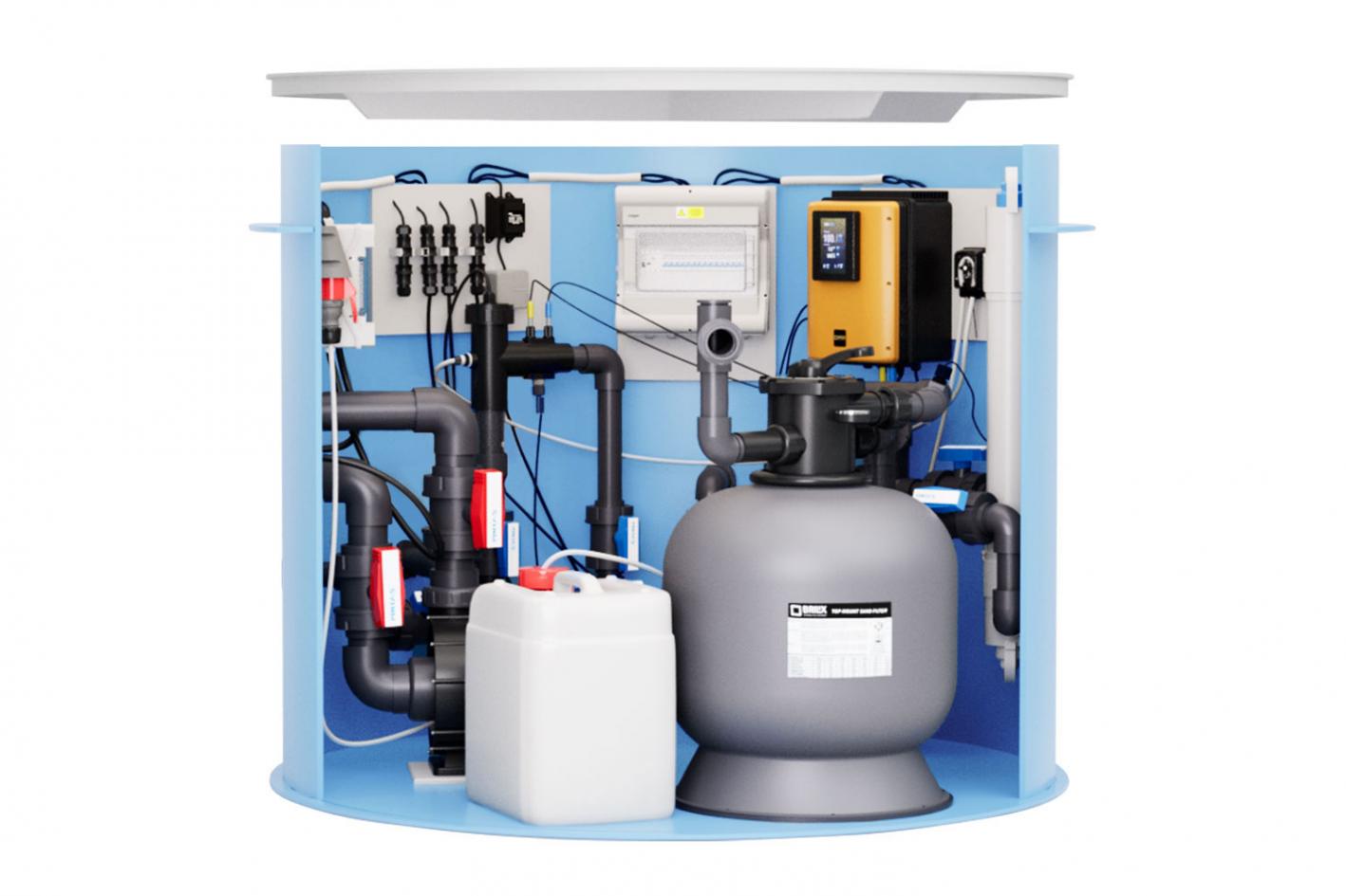 Pool-Technikschacht UV-Tec Plus | LowSalt mit Gegenstromanlage, UV-Desinfektion, Salzwasserelektrolyse inkl. PH & Sandfilteranlage