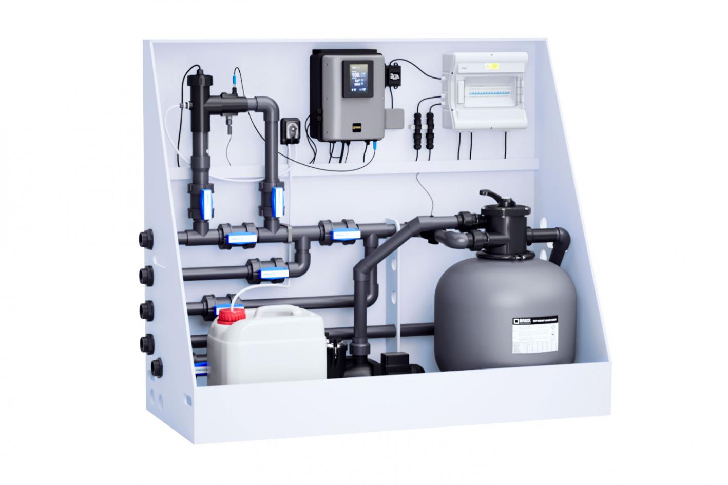 Pool-Technikwand HydroTec | LowSalt mit Salzwasserelektrolyse und Hydrolyse inkl. PH & Sandfilteranlage