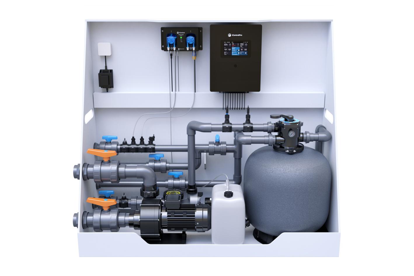 Pool-Technikwand iControlPro Chlor | intelligente Poolsteuerung mit Chlordosierung, Sandfilteranlage und optionaler Gegenstromanlage