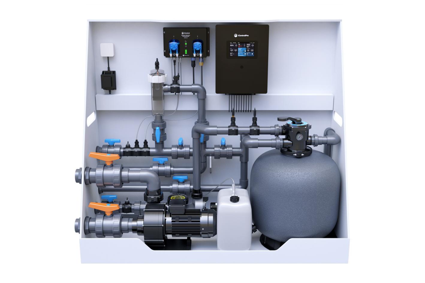 Pool-Technikwand iControlPro Chlor | intelligente Poolsteuerung mit Chlordosierung, Sandfilteranlage und optionaler Gegenstromanlage