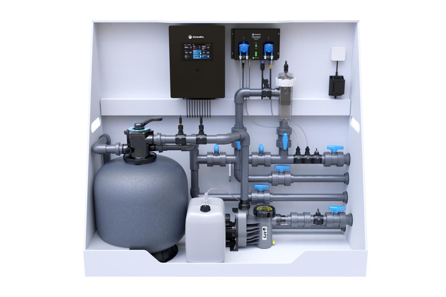 Pool-Technikwand iControlPro Salt | intelligente Poolsteuerung mit Salzwasserelektrolyse, Sandfilteranlage und optionaler Gegenstromanlage Pool-Technikwand iControlPro Salt - ohne Gegenstromanlage