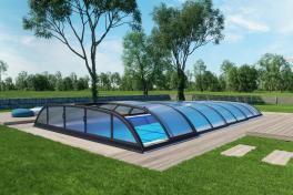Pool Komplettset Infinity® ONE mit Überlauf-Fertigpool und optional elektrischem Rolladen / Poolabdeckung  Poolgröße 3,2 x 8,0m | Überdachung Harmony 4.7x8.5m