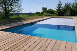 Edelstahlpool Komplettset Eternity® mit Skimmer-Fertigpool und optional elektrischem Rollo / Poolabdeckung Poolgröße 3,5 x 10,0m | Unterflurrolladen Wand