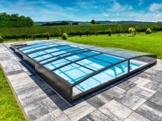 Mini Keramik Pool-Komplettset Cera Bay Cuby als Skimmer oder Überlauf Pool Skimmer Pool 4.00 x 2.16 x 1.30m | Überdachung Neo Clear 3.5x4.2m