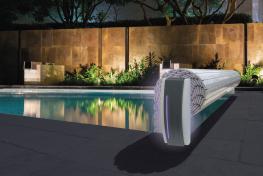 Pool Komplettset Premium ONE® mit Skimmer-Fertigpool und optional elektrischem Rollo / Poolabdeckung  Poolgröße 4,0 x 12,0m | Oberflurrolladen - Offen
