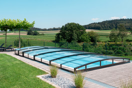 Keramik Pool Komplettset Cera Bay Oasis mit Skimmer Pool  Poolgröße 3,6 x 8m | Überdachung Liberty 4.5x8.5m