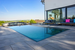 Edelstahlpool Komplettset Eternity® mit Skimmer-Fertigpool und optional elektrischem Rollo / Poolabdeckung  Poolgröße 3,5 x 10,0m | ohne Abdeckung