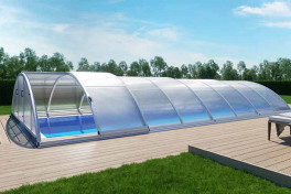 Pool Komplettset Bay mit Skimmer-Schwimmbecken und optionaler Poolüberdachung / elektrischem Rollo  Poolgröße 4,0 x 8,0m | Überdachung Base 4.2x8.5m