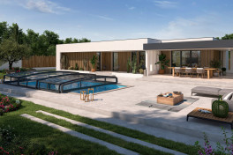 Edelstahlpool Komplettset Eternity® mit Skimmer-Fertigpool und optional elektrischem Rollo / Poolabdeckung  Poolgröße 3,0 x 6,0m | Überdachung Liberty schienenlos 3.5x6.3m