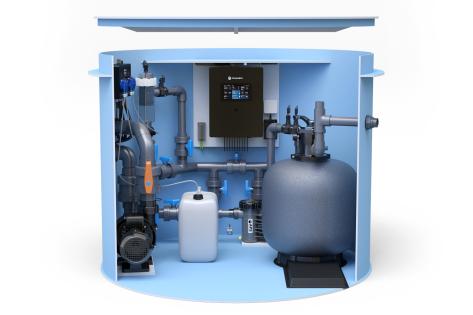 Pool-Technikschacht iControlPro Salt | intelligente Poolsteuerung mit Salzwasserelektrolyse, Sandfilteranlage und optionaler Gegenstromanlage