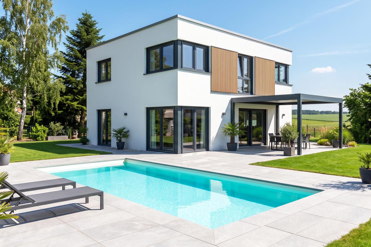 Pool Komplettset Bay mit Skimmer-Schwimmbecken und optionaler Poolüberdachung / elektrischem Rollo