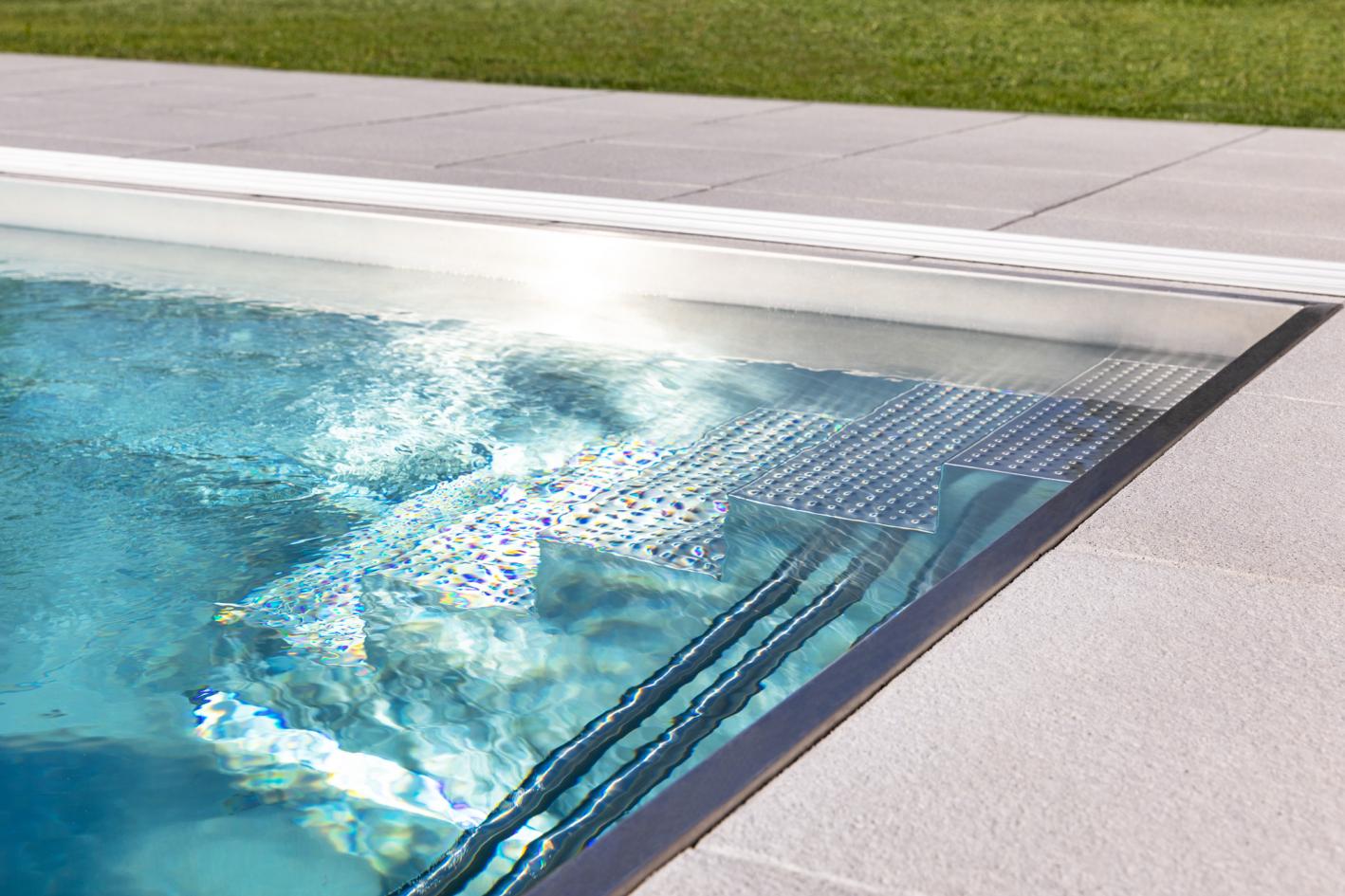Edelstahlpool Komplettset Eternity® mit Skimmer-Fertigpool und optional elektrischem Rollo / Poolabdeckung Poolgröße 3,5 x 8,0m | Überdachung Neo Clear 4.0x8.5m