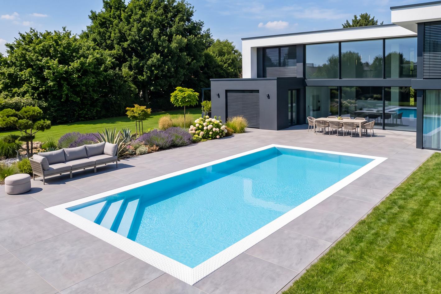 Pool Komplettset Infinity® Bay mit Überlauf-Schwimmbecken und optionaler Poolüberdachung / elektrischem Rollo