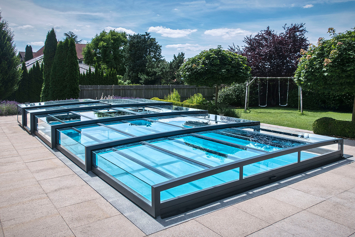 Edelstahlpool Komplettset Eternity® mit Skimmer-Fertigpool und optional elektrischem Rollo / Poolabdeckung Poolgröße 3,5 x 8,0m | Überdachung Pure 4.1x8.5m
