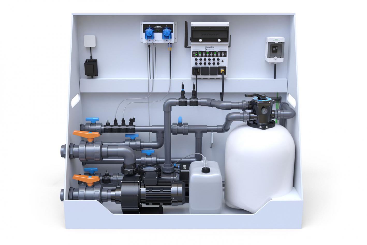 Pool-Technikwand iControlPro Chlor | intelligente Poolsteuerung mit Chlordosierung, Sandfilteranlage und optionaler Gegenstromanlage Pool-Technikwand iControlPro Chlor Plus - mit Gegenstromanlage