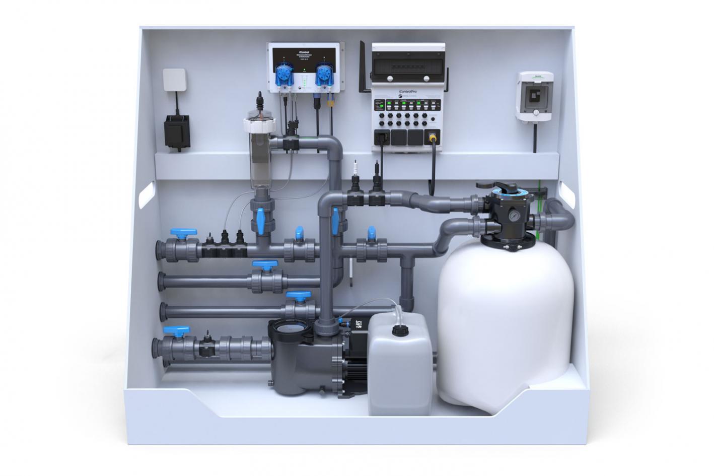 Pool-Technikwand iControlPro Salt | intelligente Poolsteuerung mit Salzwasserelektrolyse, Sandfilteranlage und optionaler Gegenstromanlage Pool-Technikwand iControlPro Salt - ohne Gegenstromanlage