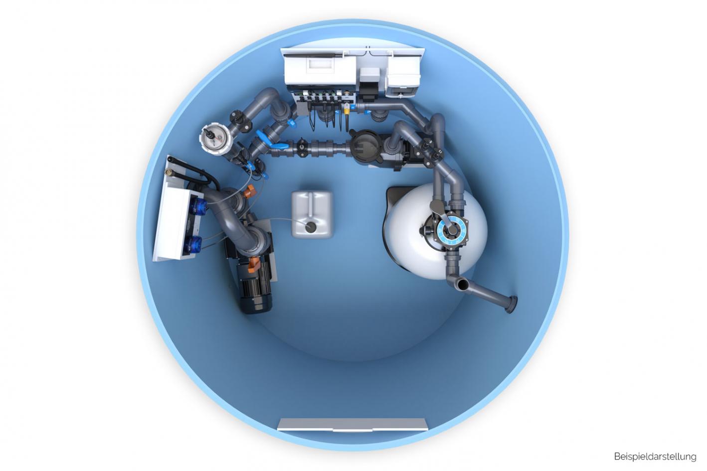 Pool-Technikschacht iControlPro Chlor | intelligente Poolsteuerung mit Chlordosierung, Sandfilteranlage und optionaler Gegenstromanlage Pool-Technikschacht iControlPro Chlor Plus - mit Gegenstromanlage