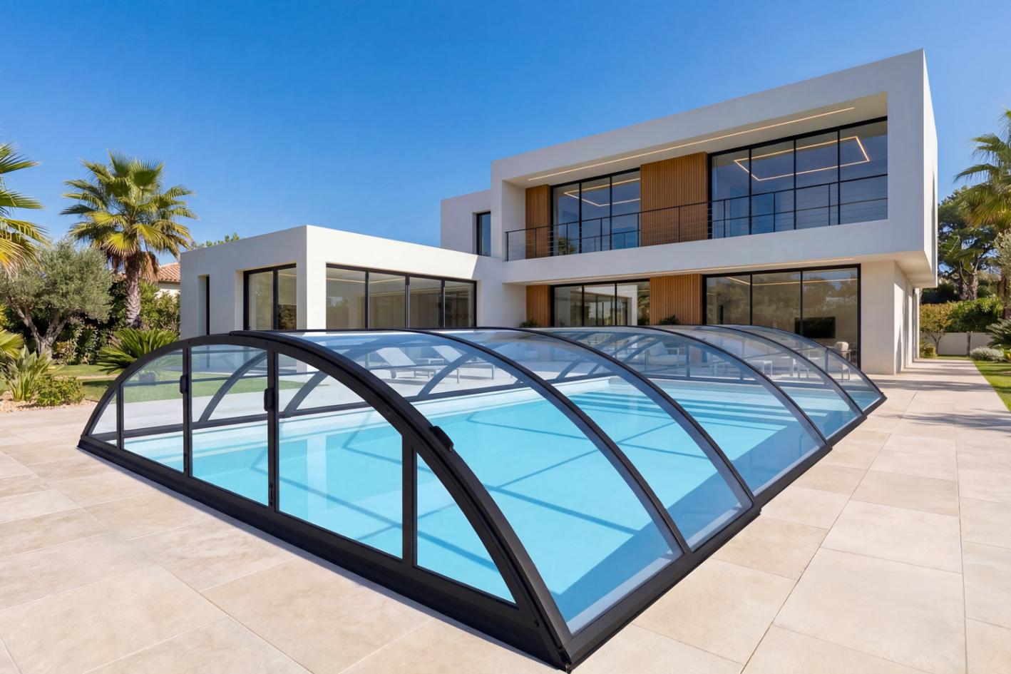 Pool-Überdachung / Poolabdeckung SkyCover® Base Pool-Überdachung Base 4.2x8.5m | Premium-Verglasung: Klarglasoptik ohne Querstreben