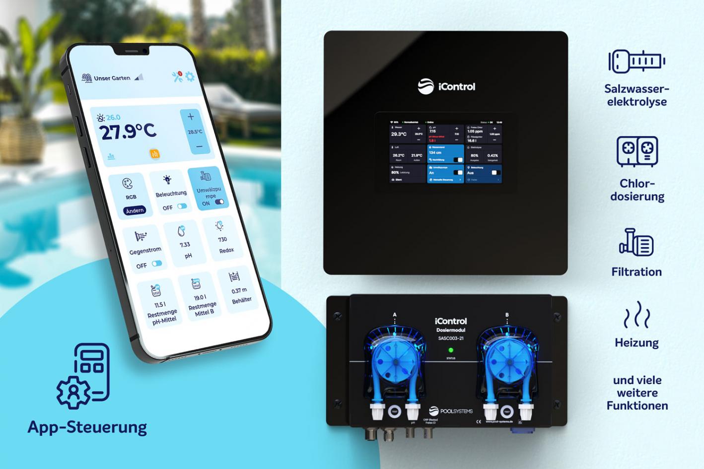 Intelligente Poolsteuerung iControl-Touch mit optionaler Pooldesinfektion Steuereinheit Touch mit Chlor-Desinfektion