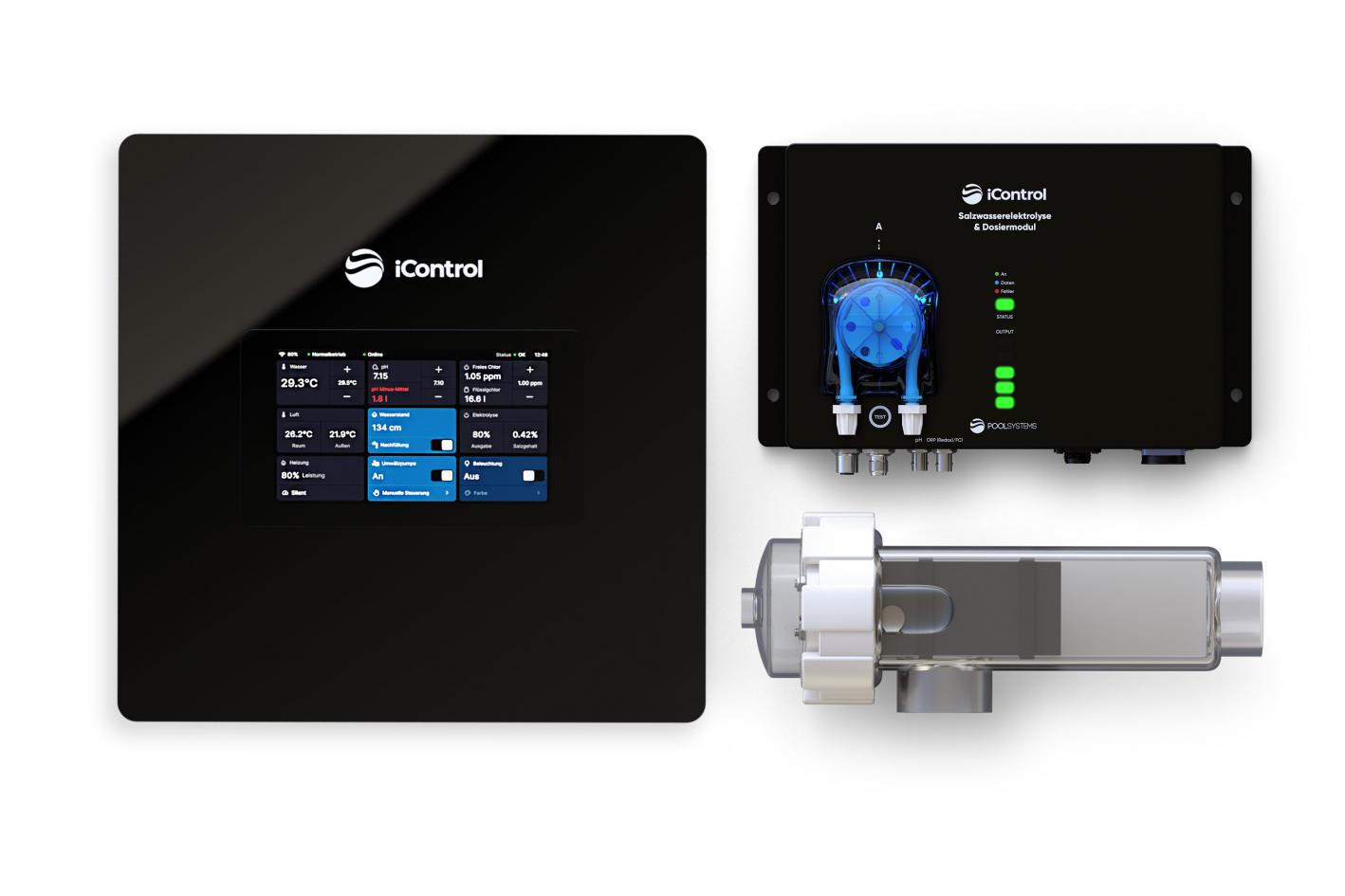 Pool-Salzwasserelektrolyse iControl Salt mit Touchdisplay, intelligenter Poolsteuerung und optionaler pH-Regulierung